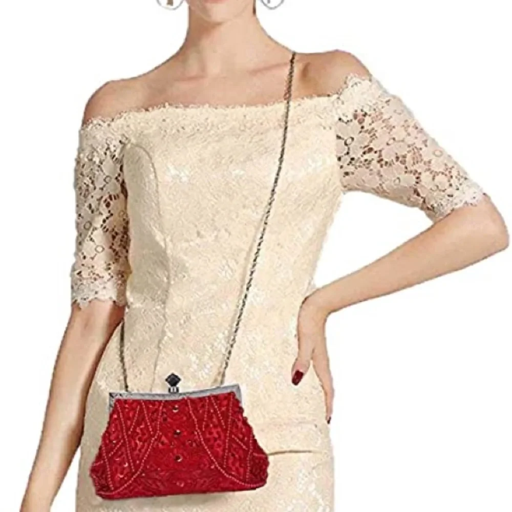 Red Beaded Evening Crossbody Bag with Silver Hardware - Picture 2 of 10